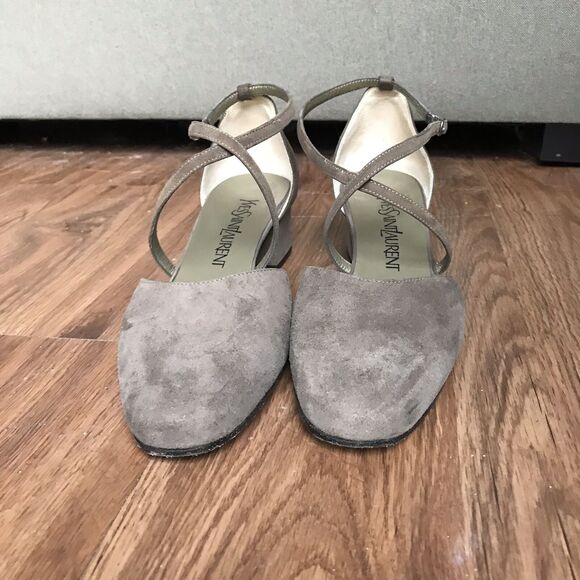 Yves Saint Laurent 7 M Taupe Suede Pumps Crisscross Straps Low Heel Italy YSL - Picture 2 of 8